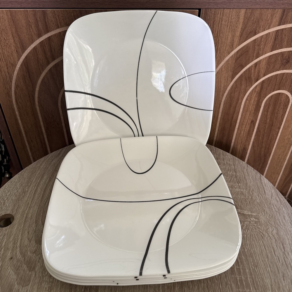 Set Of 6 Corelle Vitrelle Square Simple Lines White/Black 10.5" DinnerPlates